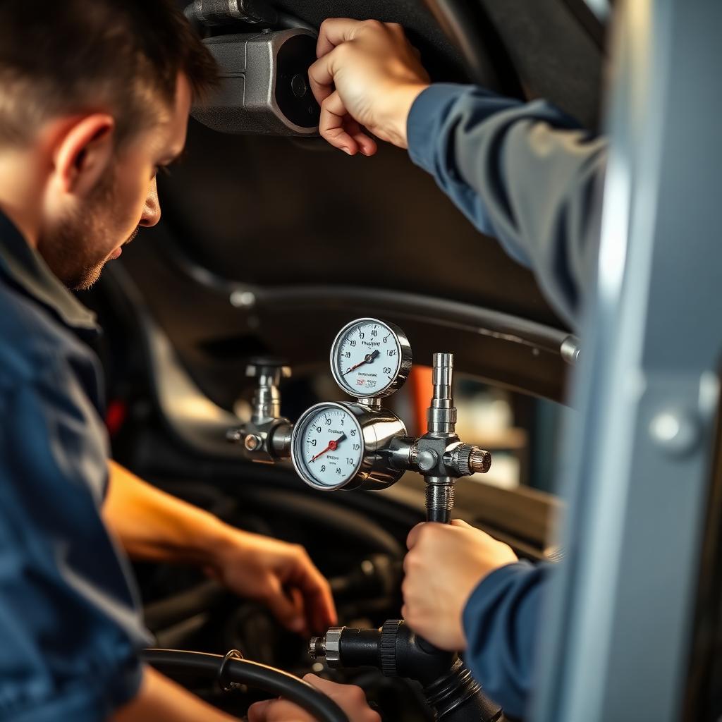 AC manifold gauges connected to a vehicle air conditioning system