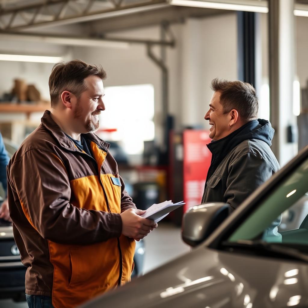 Technician explaining a repair estimate to a customer in the shop