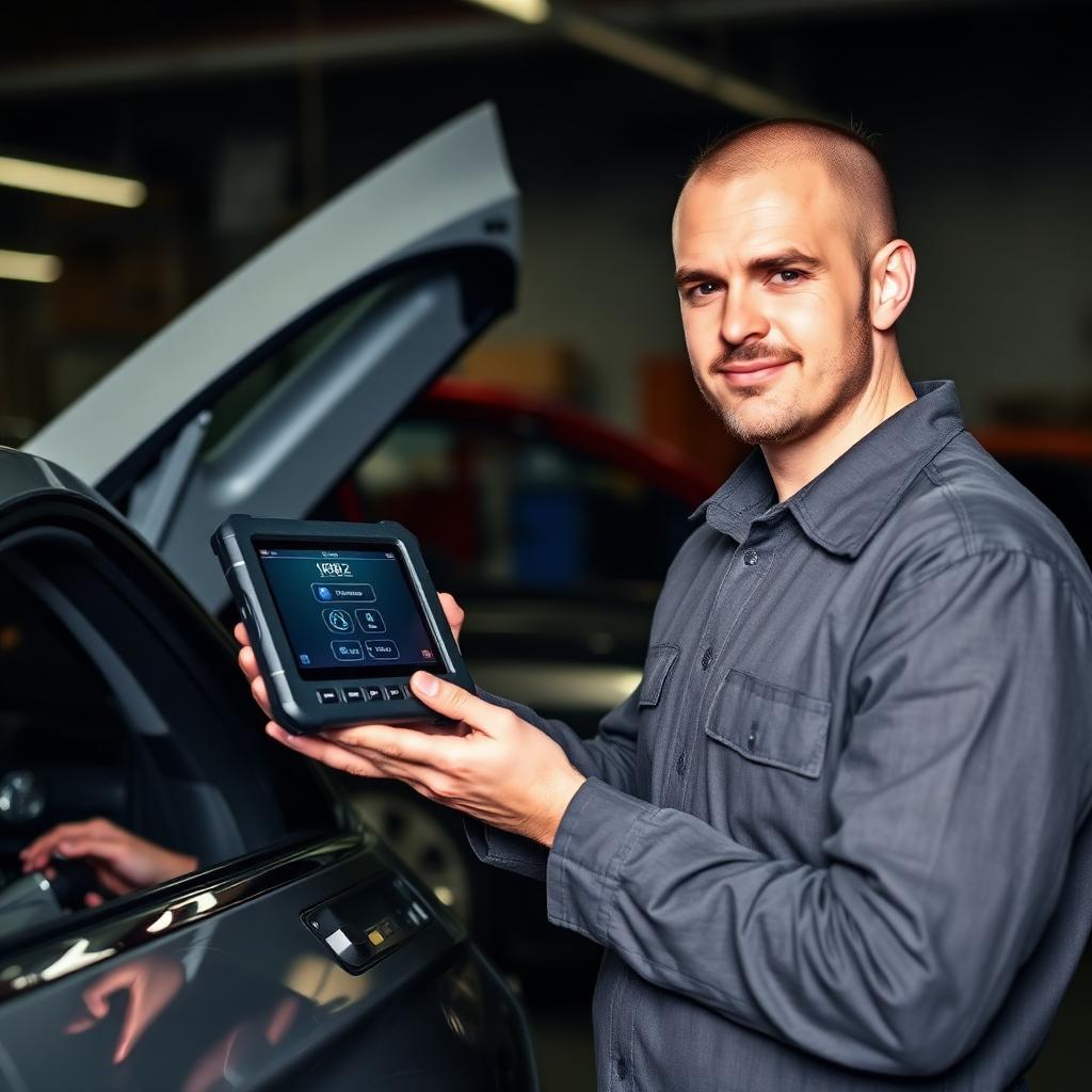 Technician running a scan-tool diagnostic on a customer vehicle