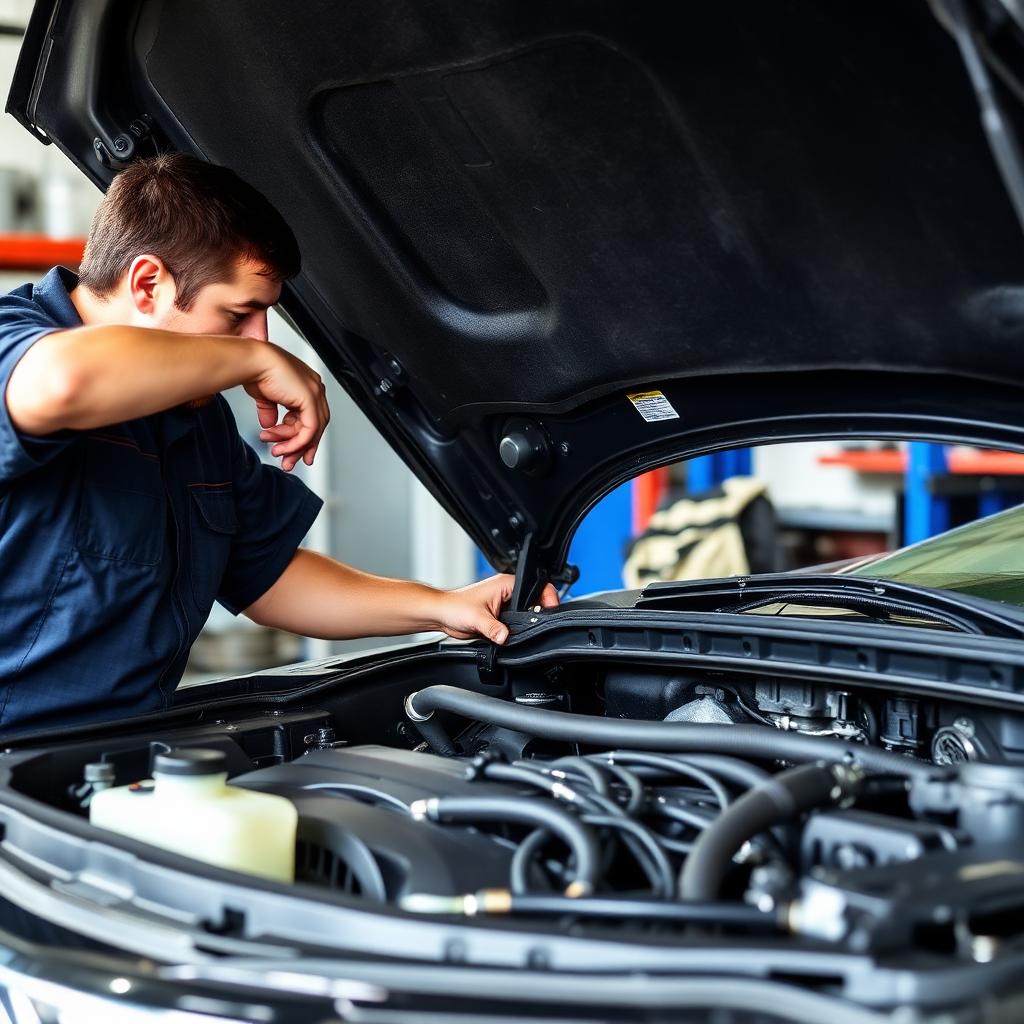 Technician inspecting a radiator and cooling system hoses