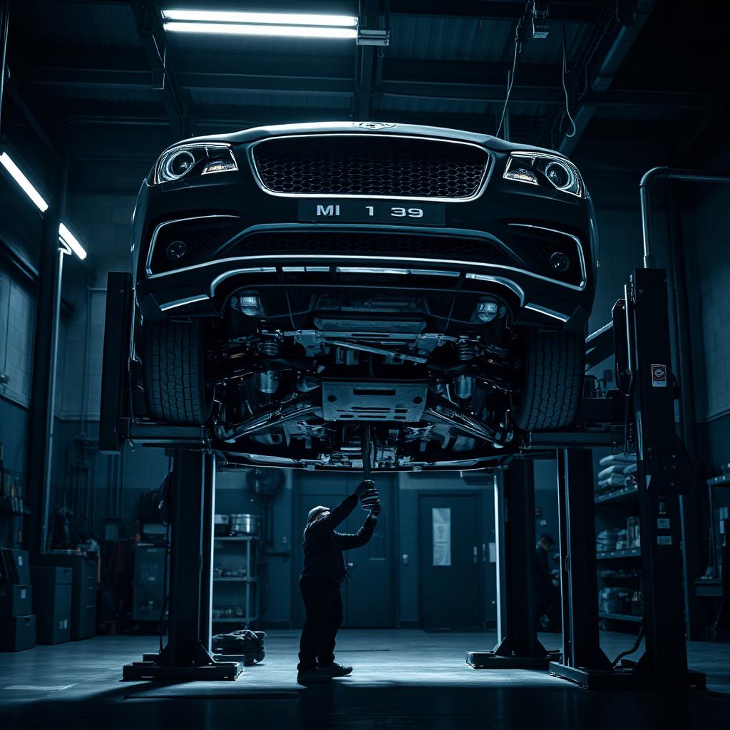 Vehicle raised on a shop lift for underbody mechanical repair